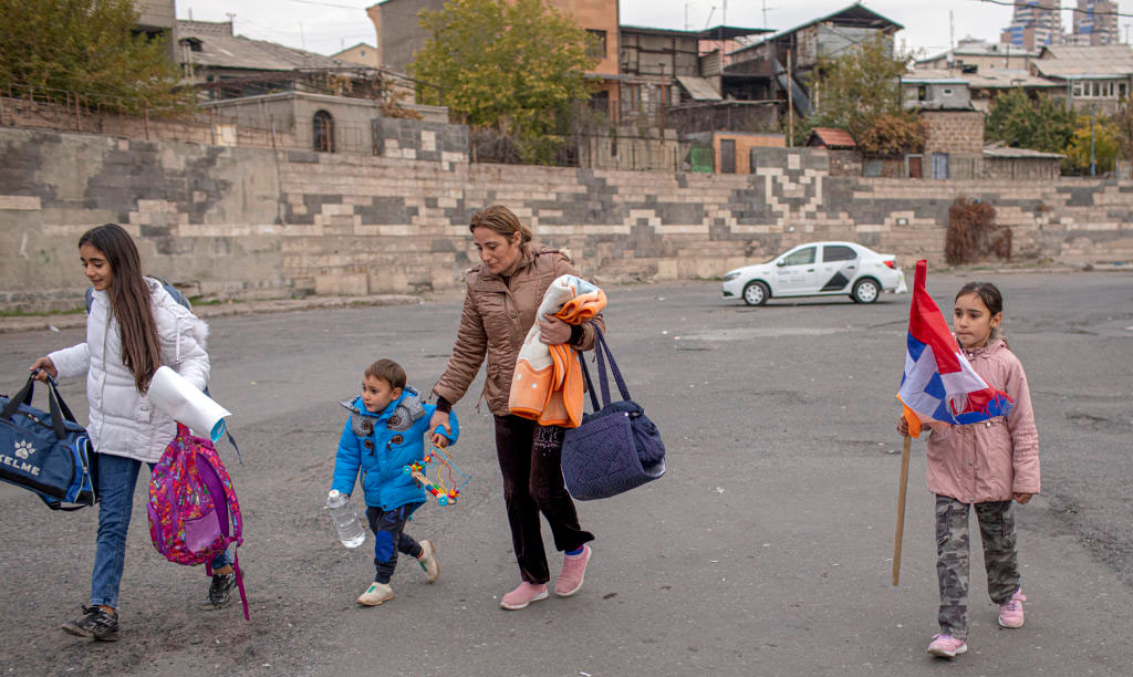 Around 100,000 Armenian civilians from Nagorno-Karabakh / Artsakh have fled their homes and villages. On photo: children Refugees from Stepanakert.