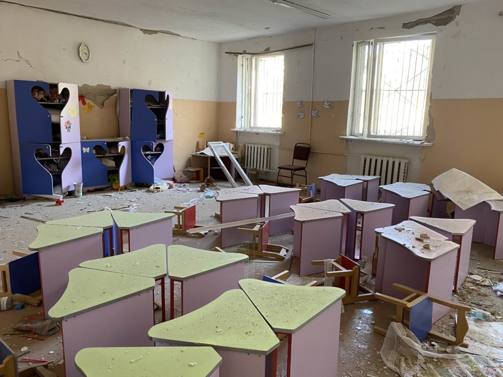 A classroom inside Stepanakert’s School Number 10, which was sustained damage caused by explosive weapons with wide-area effects fired by Azerbaijan during hostilities.