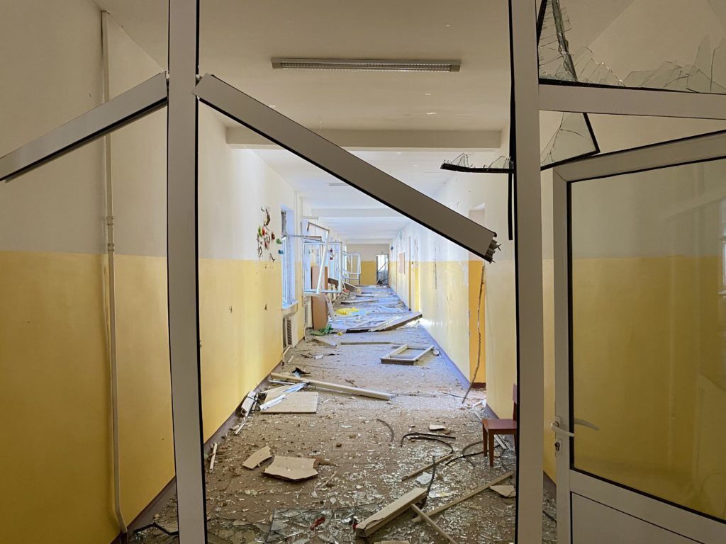 A hallway inside Stepanakert’s School Number 10, which was repeatedly damaged by explosive weapons with wide-area effects used by Azerbaijan forces during hostilities.